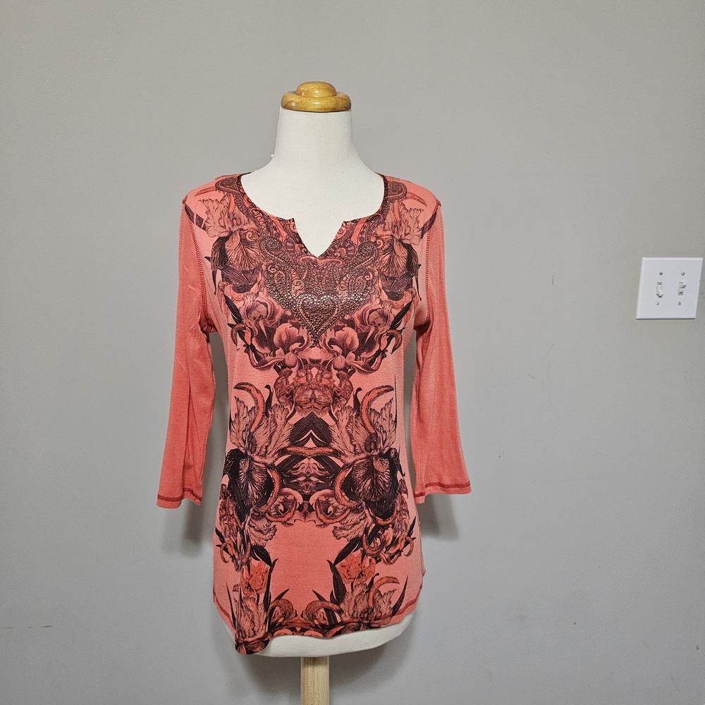 Cato Coral Floral Rhinestone 3/4 Sleeve Top Women's Medium